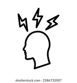 Headache vector icon with lightning bolts around the head. Editable stroke.