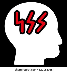 Headache vector icon. Style is bicolor flat symbol, red and white colors, rounded angles, black background.