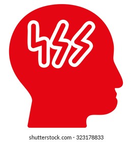 Headache vector icon. Style is flat symbol, red color, rounded angles, white background.