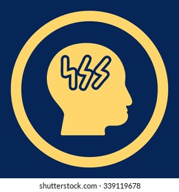 Headache vector icon. Style is flat rounded symbol, yellow color, rounded angles, blue background.