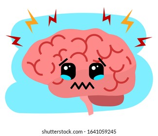Headache vector illustration. Unhappy crying brain with lightning flashes. Flat cartoon character suffering from pain. Concept for stress, alzheimer, memory loss, brain damage, mental issues.