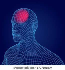 Headache wireframe human head, migraine headache problem, vector low poly concept