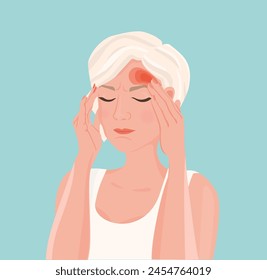 Headache. The woman has headache and migraine. Cartoon vector illustration. Hold your head with your hand.