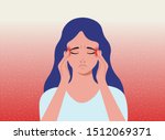 Headache. The woman having headache, migraine. Cartoon vector illustration.