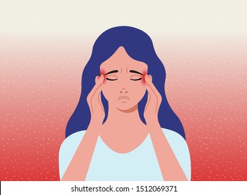 Headache. The woman having headache, migraine. Cartoon vector illustration.