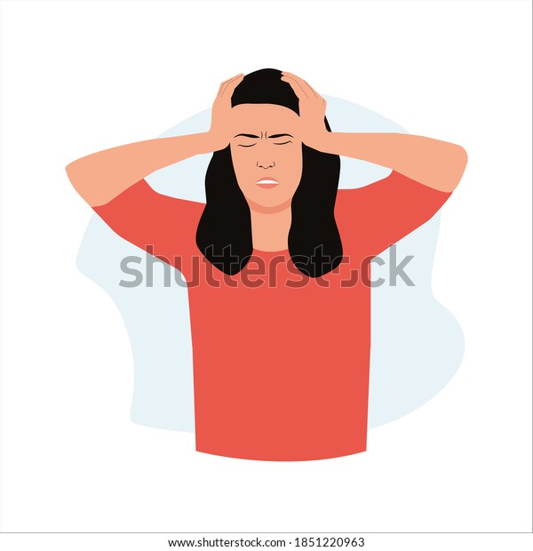 Vektor Stok Headache Woman Having Headache Migraine Cartoon Tanpa