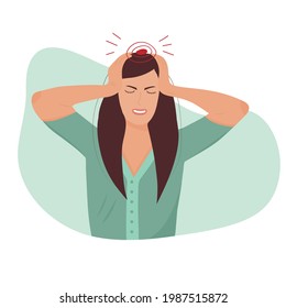 Headache. The Woman Having Headache, Migraine.  Ideal For Informational And Institutional Related To Medicine. 