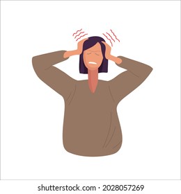 Headache. Woman holds her head with her hands, experiencing headache, stress, depression. Suffering of Ache, Pain or Migraine Frustration. Flat vector illustration. Physical injury collection