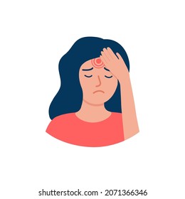 Headache of woman, pain head from stress, problem or trauma. Girl is holding her head. Painful sensations. Seeing doctor for help treatment. Vector illustration