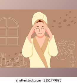 headache woman in spa center service flat vector illustrations. Beauty salon visitors and workers cartoon characters. Wellness center procedures. massage and facial masks.