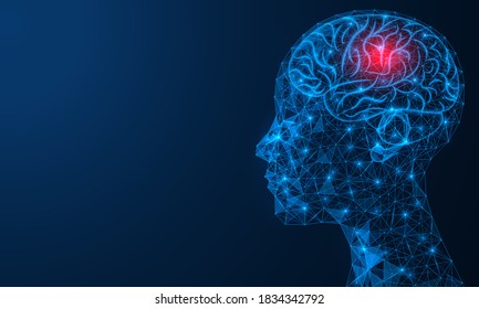 Headache. X-ray of the brain. A person suffering from migraines. Medical concept. Low-poly construction of concatenated lines and dots. Blue background.