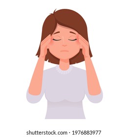 Headache. Young girl holds her hands to temples. Stress or migraine vector illustration