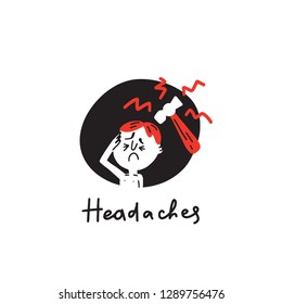 Headaches. Funnay hand drawn illustration of man suffers from headaches, hummer. Vector