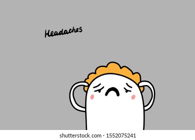 Headaches hand drawn vector illustration in cartoon comic style man holding temples depression symptom lettering