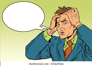 Headaches men severe pain. Pop art retro vector illustration. Medicine and health care. The symptoms of the disease