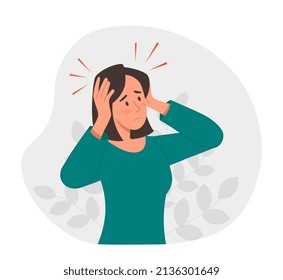 Headaches and migraines concept. Young sad woman hold her head and suffers from pain. Brain diseases, psychological and mental disorders, symptoms of viral infections. Cartoon flat vector illustration