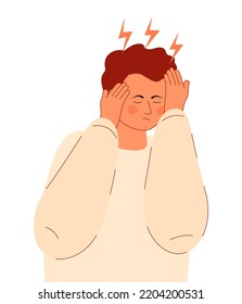 Headake, stressed, frustrated man concept vector. Horror, shock and scene of accusation in life, depression in work. Upset boy with lightnings Difficult task, problem illustration. 