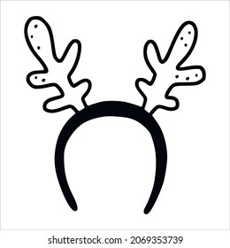 Headband with antlers in doodle style. Warm headphones in the style of naive sketches. Hand-drawn black and white vector image