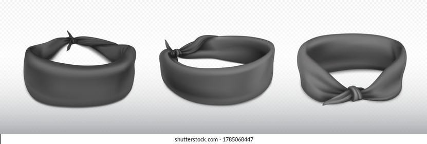 Headband, bandana for head or wrist made of black cloth. Blank sport clothing, kerchief sportswear, biker apparel fashion design isolated on transparent background, Realistic 3d vector illustration