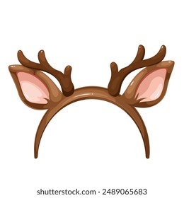 Headband with cartoon brown ears and antlers of deer or elk. Funny retro band of photo booth props with animals ears, cartoon cute festive masquerade decor for girls portrait vector illustration