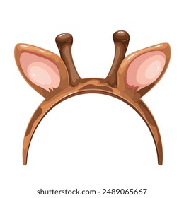 Headband with cartoon ears and antlers of baby deer. Funny retro photo booth prop with animals ears and small horns, pretty birthday party costume element, cartoon fawn mask vector illustration