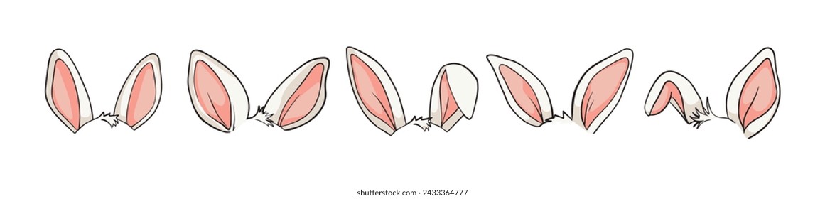 Headband with Easter bunny ears. Collection of line drawings of bunny ears. Flat cartoon vector illustration isolated on white background.