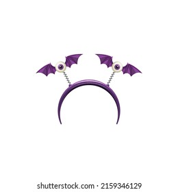 Headband Eyeballs On Springs With Bat Wings Isolated Halloween Creepy Hair Hoop. Vector Head Hoop With Bat Mouse Ears. Spooky Masquerade Accessory On Halloween Party, Hair Band Party Costume Element