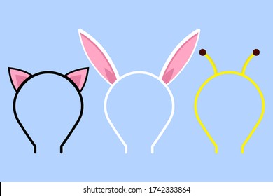 Headband, headdress, hearband with ears of cat, rabbit and bee. Color set. Vector silhouettes. Isolated illustrations.
