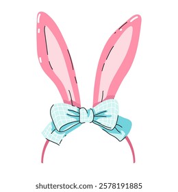 Headband with pink bunny ears and blue bow. Cute rabbit ears. Easter mask. Hair hoop in Cartoon style. Attribute of costume. Vector illustration isolated