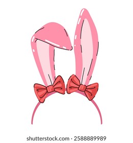 Headband with pink bunny ears and red bows. Cute rabbit ears. Easter mask. Hair hoop in Cartoon style. Attribute of costume. Vector illustration isolated