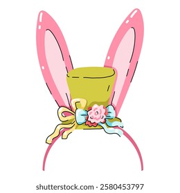 Headband with pink Easter bunny ears, hat, bows and flowers. Cute rabbit ears. Easter mask. Hair hoop in Cartoon style. Attribute of costume. Vector illustration isolated