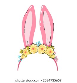 Headband with pink Easter bunny ears and yellow flowers. Festive Easter mask. Cute rabbit ears. Hair hoop in Cartoon style. Attribute of costume. Vector illustration isolated