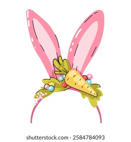 Headband with pink Easter bunny ears and carrots. Cute rabbit ears. Easter mask. Hair hoop in Cartoon style. Attribute of costume. Vector illustration isolated