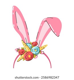 Headband with pink Easter bunny ears, flowers and carrots. Cute rabbit ears. Easter mask. Hair hoop in Cartoon style. Attribute of costume. Vector illustration isolated