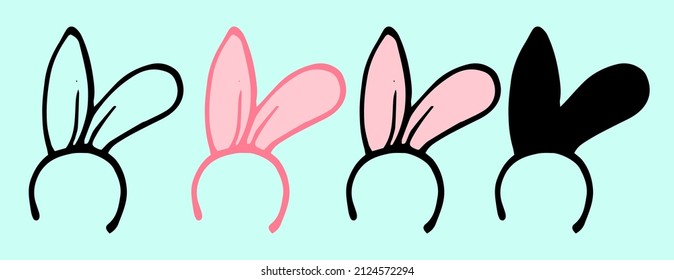 a headband with pink rabbit ears. a set of hair decoration icon with bunny ears, hand-drawn in a doodle style with a black outline and silhouette on white for a label design template