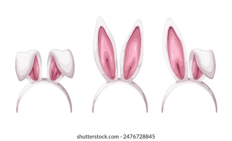 Headband set with cartoon different ears of Easter bunny. Funny retro fun party head decoration with white and pink floppy bent or long ears of rabbit, cartoon photo booth props vector illustration