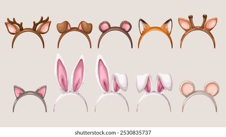 Headband set with cartoon ears and antlers of animals. Funny retro carnival party costume elements collection. Cartoon ears decoration of baby bunny cat dog fox mouse deer vector illustration