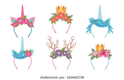 Headbands with Flowers and Decorative Elements like Horns and Crown Vector Set