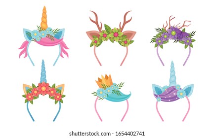 Headbands with Flowers and Decorative Elements like Horns and Crown Vector Set