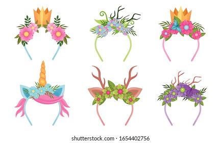 Headbands with Flowers and Decorative Elements like Horns and Crown Vector Set