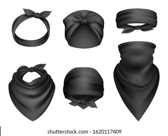 Headbands realistic. Sport clothes for head and neck biker travel bandanas gangsta fashion items scarf vector template