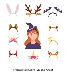 Headbands set, Halloween costume accessories - cartoon flat vector illustration isolated on white background. Cute child girl wearing witch hat headband. Kids costume party concept.