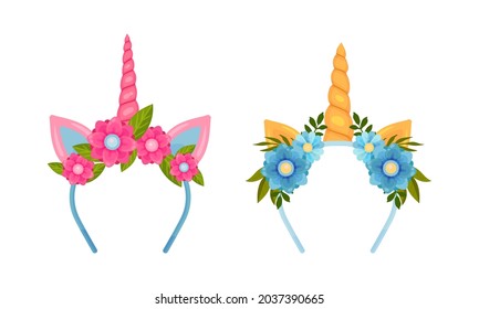 Headbands with unicorn horn and flowers set cartoon vector illustration