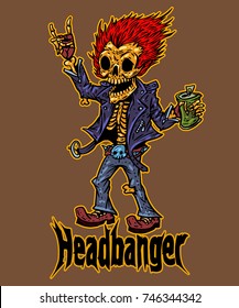 Headbanger skeleton heavy metal music fan. cartoon style vector illustration