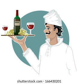 Head-cook with a tray with red wine, grape and glasses 