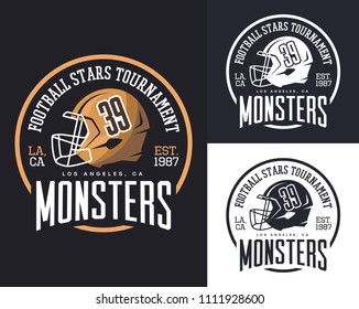 Headdress for american football sport, helmet with face mask for t-shirt print, cap of los angeles monsters team advertising, sportswear clothing badge or logo. Competition or sport club tournament