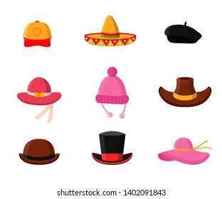 Headdress flat vector illustrations pack. Men and women headwear shop. Fashionable wardrobe accessories. Baseball cap, mexican sombrero, stylish beret. Panama, cowboy hat, magician cylinder, bowler