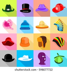 Headdress hat icons set colorful. Flat illustration of 16 headdress hat vector icons for web