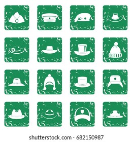 Headdress hat icons set in grunge style green isolated vector illustration