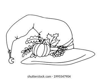 Headdress for the holiday coloring book. Pointed witch hats are a decorative element for Halloween. Gloomy Doodles. Vector illustration isolated on white background
